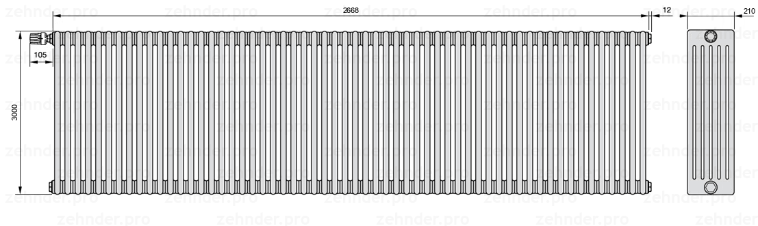 Схема (чертеж) Радиатор Zehnder Charleston 6300/58 №V011 Белый глянцевый RAL 9016